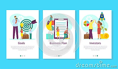 Business banner design set, goals, plan and investor concept, vector illustration. Man woman people character work with Vector Illustration