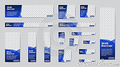 Business banner standard size in horizontal and vertical rectangle square template set for web design. Transparent gradient blue Vector Illustration