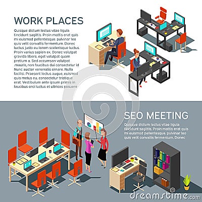 Business banners vector design with isometric workplace modern interior and 3d office people Vector Illustration