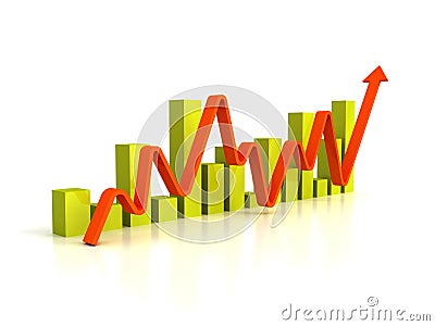 Business bar graph diagram with rising arrow Cartoon Illustration
