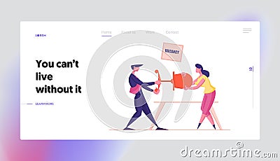 Business Battle Competition for Work Vacancy Landing Page Template. Businessman Character Fighting with Woman Vector Illustration