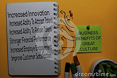 Business Benefits of Great Culture Method text with keywords isolated on white board background. Chart or mechanism concept Stock Photo