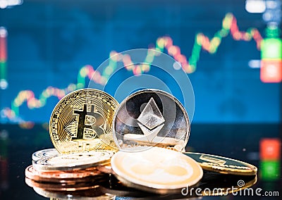 Business bitcoin and ethereum coin finance money Editorial Stock Photo