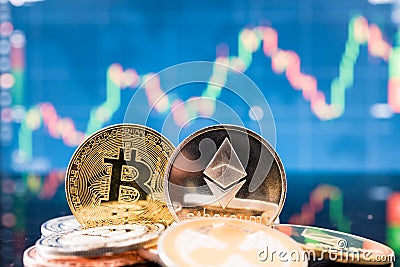 Business bitcoin and ethereum coin finance money Editorial Stock Photo