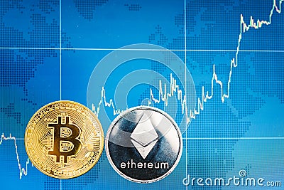 Business Bitcoin and Ethereum coins currency finance money Editorial Stock Photo