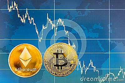 Business Bitcoin and Ethereum coins currency finance money Editorial Stock Photo