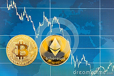 Business Bitcoin and Ethereum coins currency finance money Editorial Stock Photo