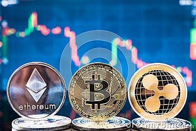 Business bitcoin, ethereum and XRP coins currency finance money Editorial Stock Photo