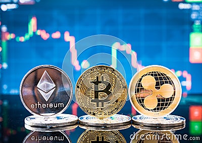 Business bitcoin, ethereum and XRP coins currency finance money Editorial Stock Photo