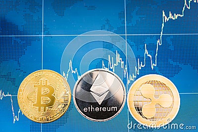 Business Bitcoin, ripple XRP and Ethereum coins currency finance Editorial Stock Photo