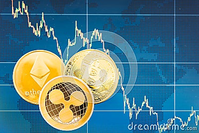 Business Bitcoin, ripple XRP and Ethereum coins currency finance money Editorial Stock Photo