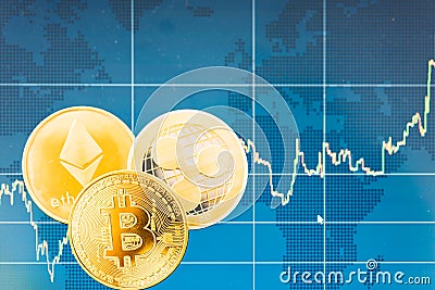 Business Bitcoin, ripple XRP and Ethereum coins currency finance Editorial Stock Photo