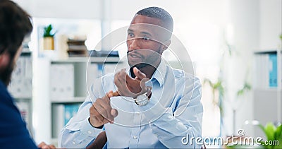 Business, black man and consultation with client, discussion and lens flare in office. Meeting, conversation and Stock Photo