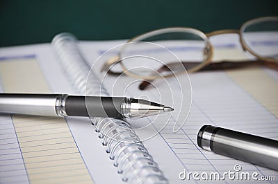 Business, Books Charts, Expenses Bookkeeping, Pen Stock Photo