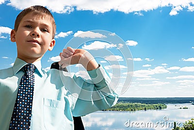 Business boy against the Dnipro river Stock Photo