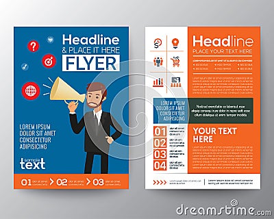 Business brochure flyer template layout with businessman holding megaphone Vector Illustration