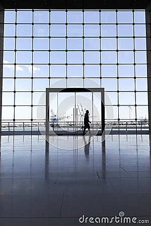 Business building in Hamburg with big windows and a view of the famous harbour Stock Photo