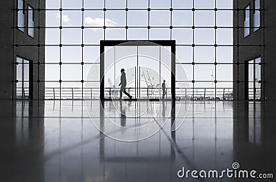 Business building in Hamburg with big windows and a view of the famous harbour Stock Photo