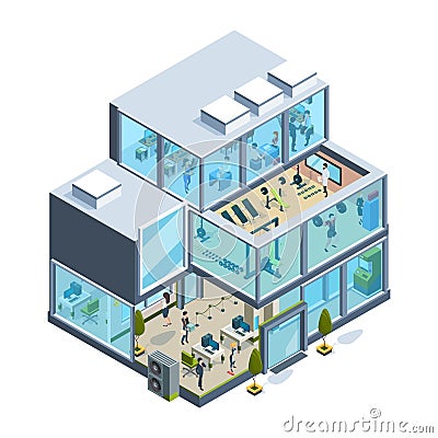 Business building isometric. Glass facade offices inside modern architecture elevators garish vector house Cartoon Illustration