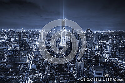 Business buildings at Bangkok city with skyline at night, Monochrome style, Thailand Stock Photo
