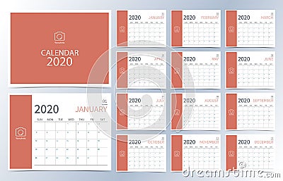 Business calendar 2020.Orange monthly calendar can be used for printable graphic and website Vector Illustration