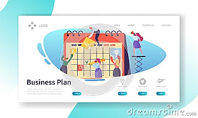 Business Calendar Plan Landing Page Template. Schedule Concept with Characters Working with Planner Flat People Teamwork Vector Illustration