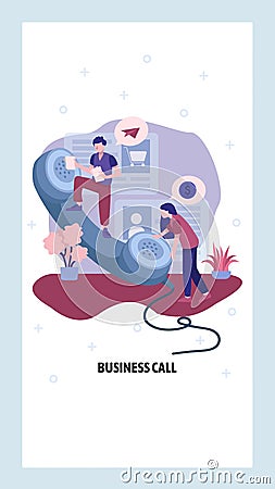 Business call concept. Phone operators help customer in support center. Business conversation by telephone. Vector web Vector Illustration