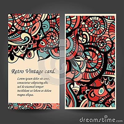 Business card with asian ethnic floral retro doodle background pattern in vector. Zentangles inspired Vector Illustration