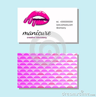 Business card with Beautiful girl lips with bright pink manicure nails. Beauty Business card, Logo, banner, poster. Vector illustr Vector Illustration