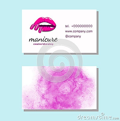 Business card with Beautiful girl lips with bright pink manicure nails. Beauty Business card, Logo, banner, poster. Vector Vector Illustration