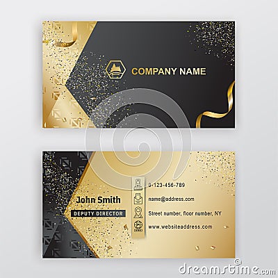 Business card. Black gold background with logo, thin icons. Luxury background Vector Illustration