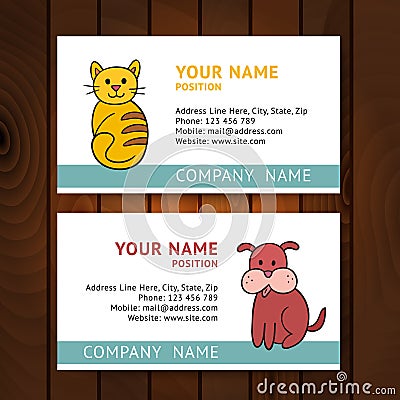 Business card with cat and dog for veterinary clinics on wooden Vector Illustration