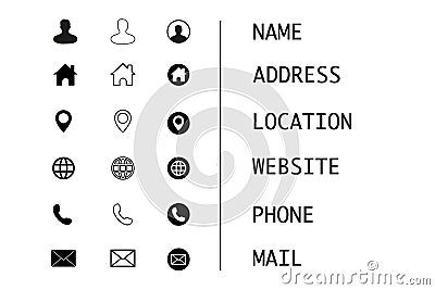 Business card, finance and communication icons. Contact information symbols Cartoon Illustration