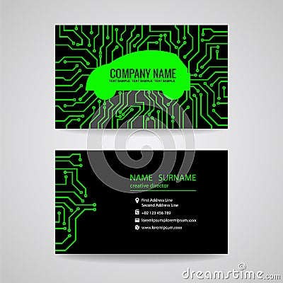 Business card - Green car and Electronic Printed circuit board on black background Vector Illustration