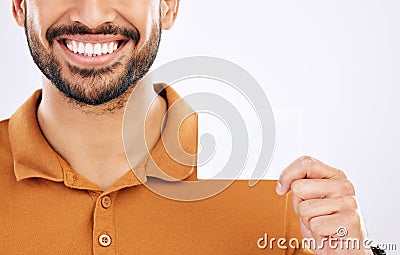 Business card mockup, happy man and studio smile with marketing placard, advertising contact info or product placement Stock Photo