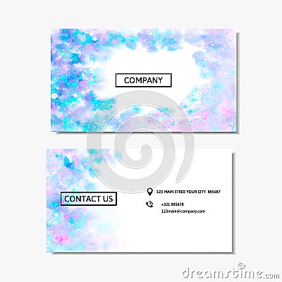 Business card with a pink and blue watercolor design. Vector illustration Vector Illustration