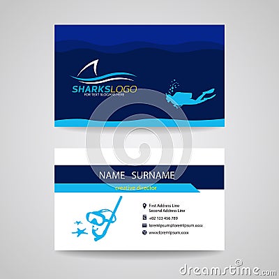 Business card of Scuba Diving and shark blue vector design Vector Illustration