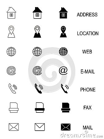 Business card set monochrome icons, home, phone, address, telephone, fax, web, location symbols Vector Illustration