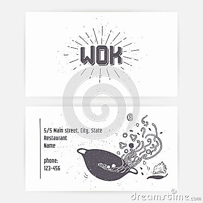 Business card set with wok noodles. Hand drawn logo template and sunburst. Monochrome hipster style lettering Vector Illustration