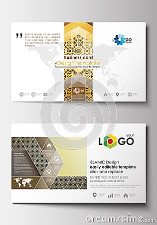 Business card templates. Cover design template, easy editable blank, flat layout. Islamic gold pattern, overlapping Vector Illustration