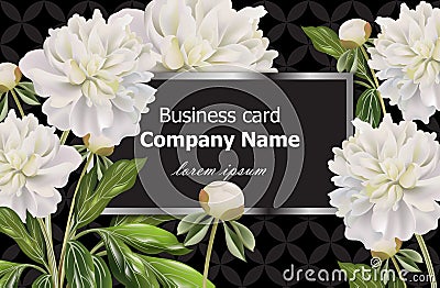 Business card with white peony flowers. Vector realistic floral decor, 3d illustrations Vector Illustration