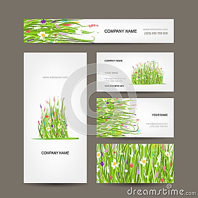 Business cards collection, green meadow design Vector Illustration