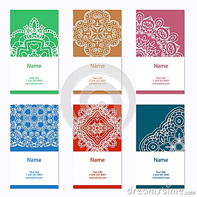 Business cards collection. Ornament for your design with lace mandala. Vector background. Indian, Arabic, Islam motifs. Vector Illustration