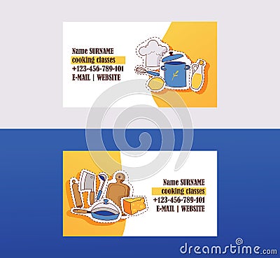 Business cards for cooking school, cooking class, food studio vector illustration. Contact information. Coking utensils Vector Illustration