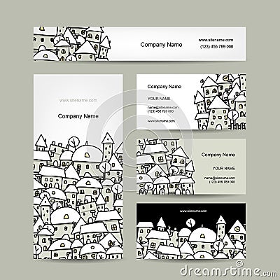 Business cards design, winter cityscape sketch Vector Illustration