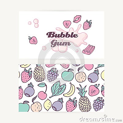 Business cards with hand drawn bubble gum and fruit, berry and mint flavors. Food background Vector Illustration