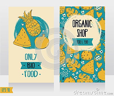 Business cards template for organic foods shop or vegan cafe Vector Illustration