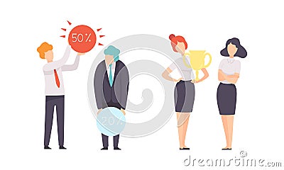 Business and Career Competition with Man and Woman Office Worker Having Rivalry Winning Golden Cup Vector Set Vector Illustration