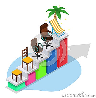 Business career growth, vector isometric illustration. Ladder with tabouret, boss chair and chaise longue with palm. Vector Illustration