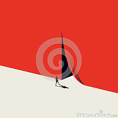Business or career opportunity vector concept with man walking to opening curtains. Minimalist art style. Symbol of Vector Illustration